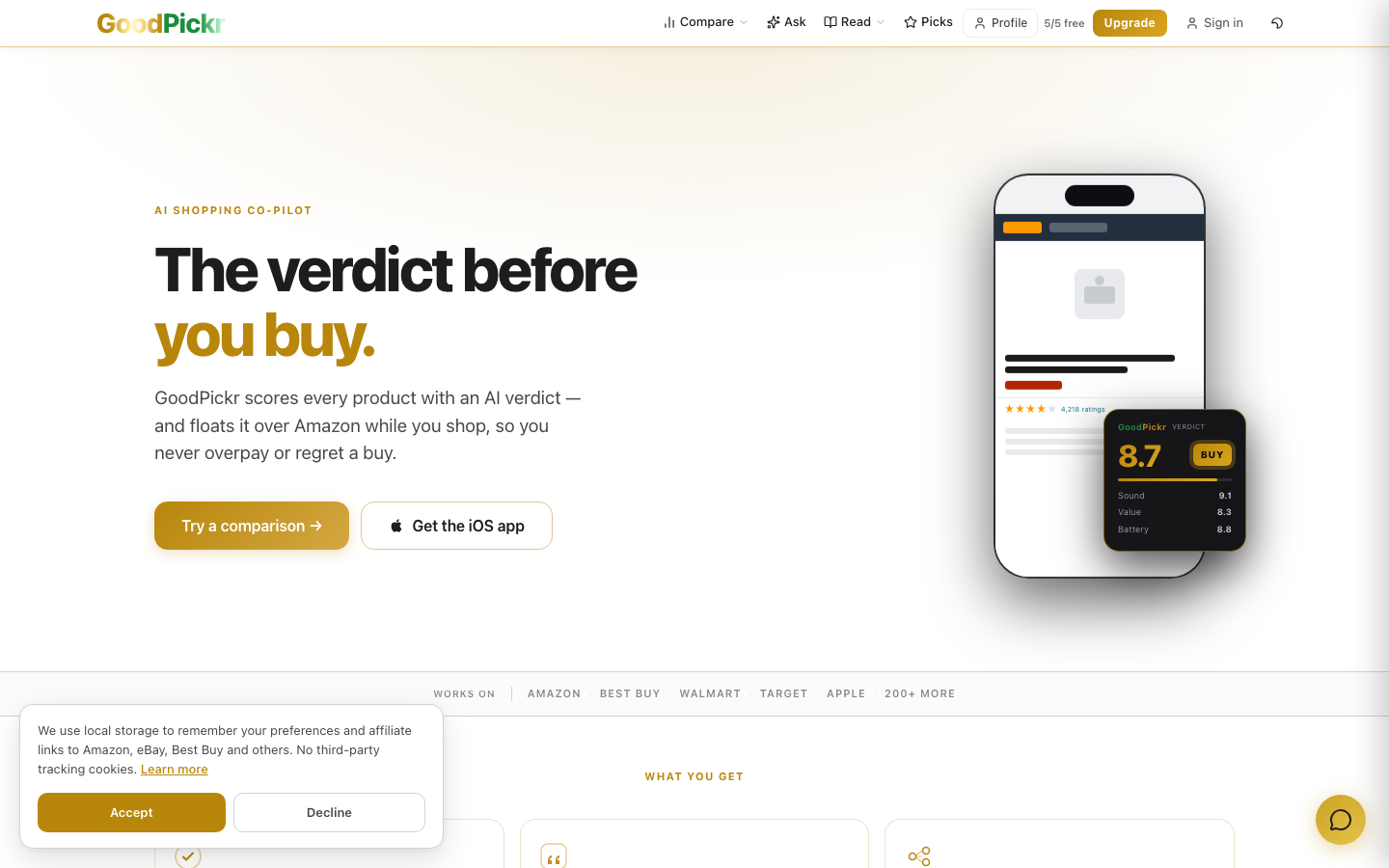GoodPickr AI product comparison interface