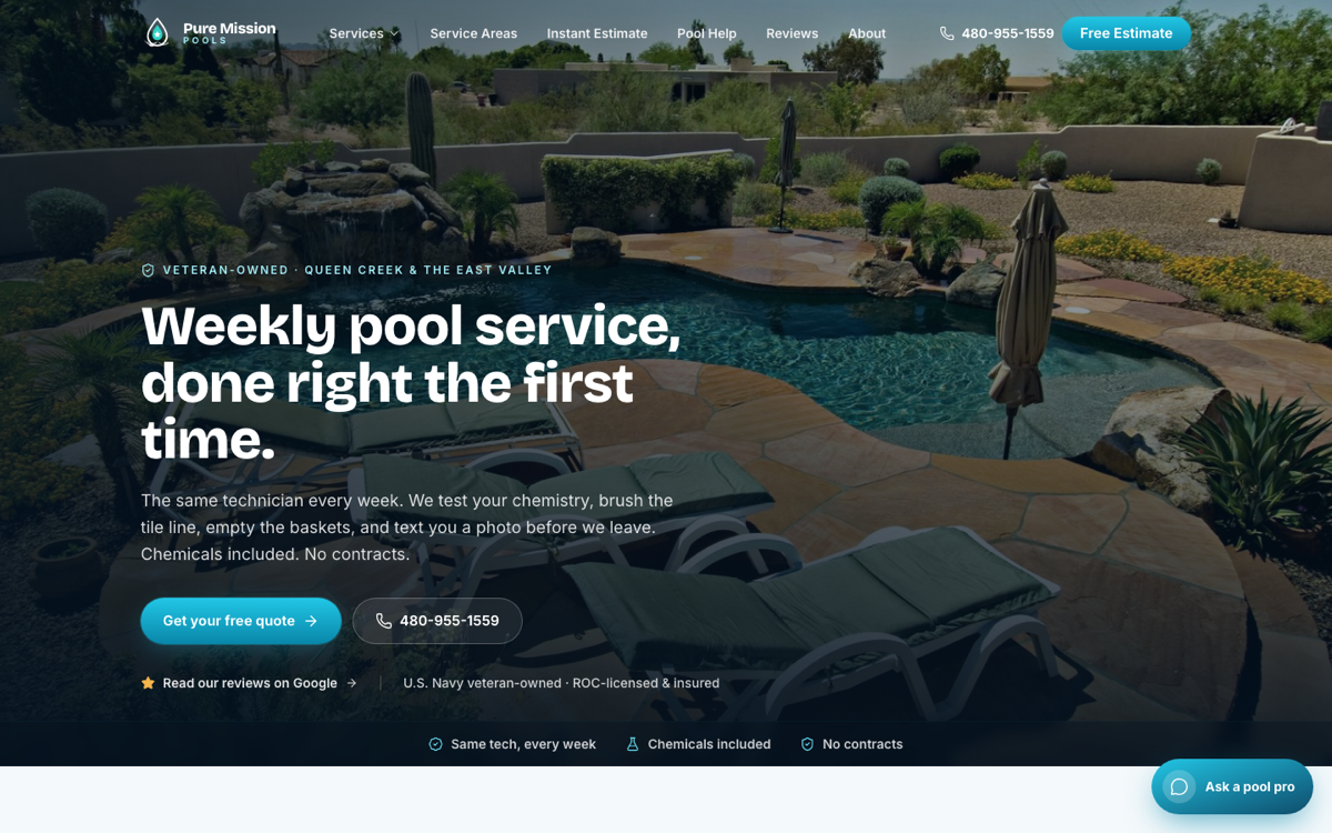 Pure Mission Pools pool-service website