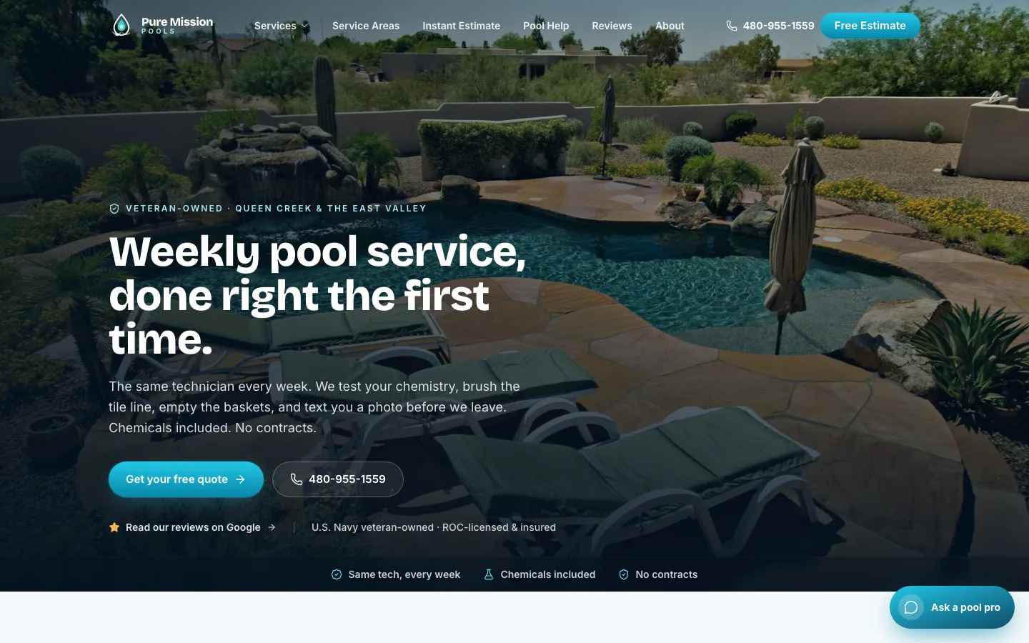 Pure Mission Pools website homepage, built by Golden Consulting Partners for a Phoenix-metro pool service company