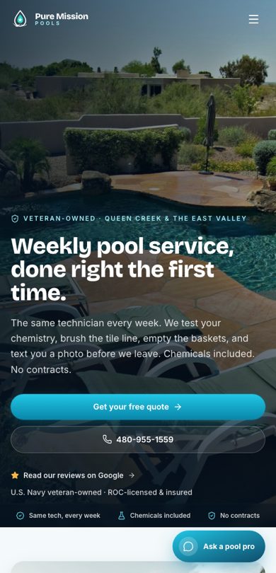 Pure Mission Pools mobile site with AI instant estimate